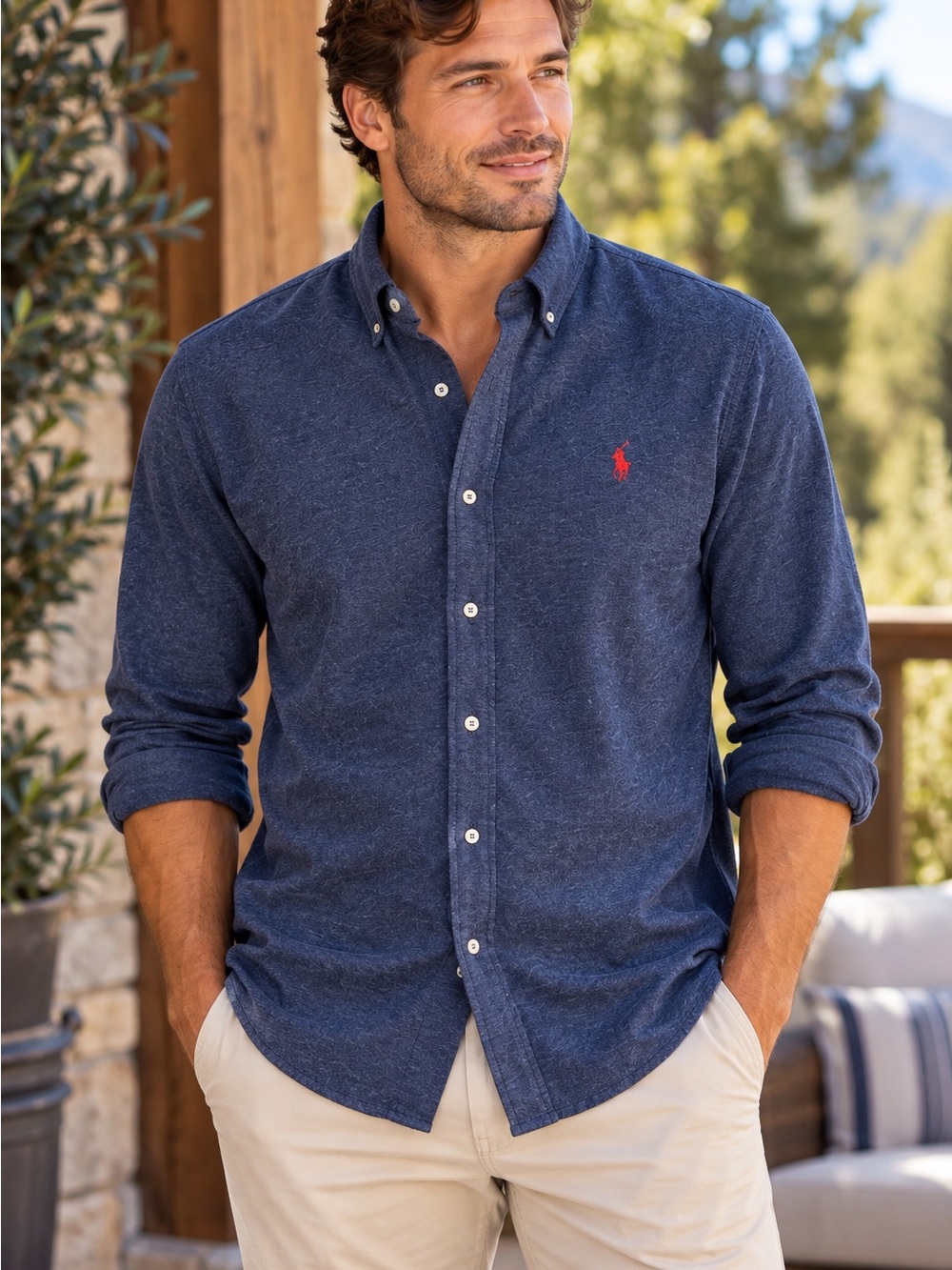 Ralph Lauren Featherweight Mesh Shirt Large Blue Long Sleeve Pony Button Down